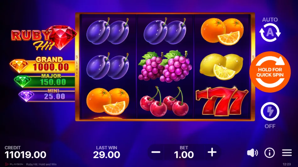 Ruby Hit: Hold and Win base game 3x3 grid with fruit machine symbols