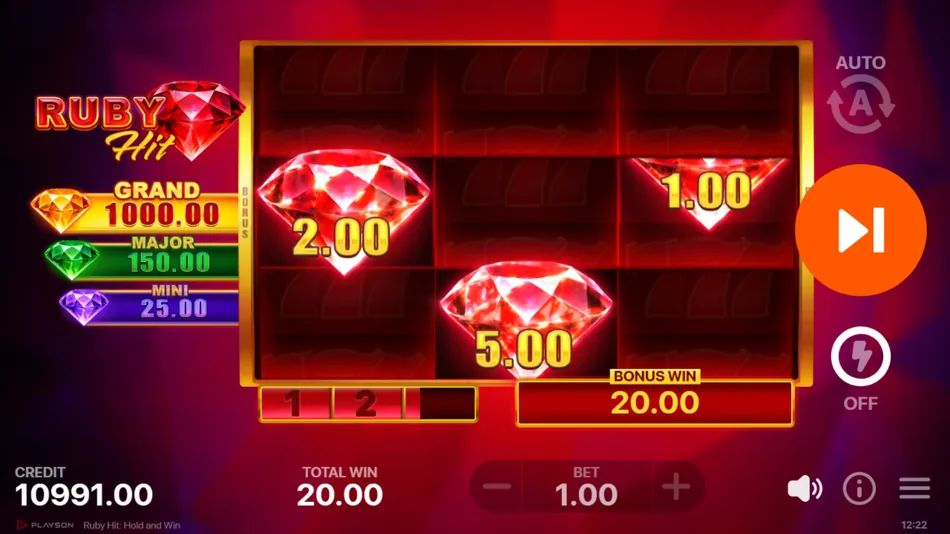 Ruby Hit Hold and Win Bonus Game with sliding Bonus symbols and respin counter